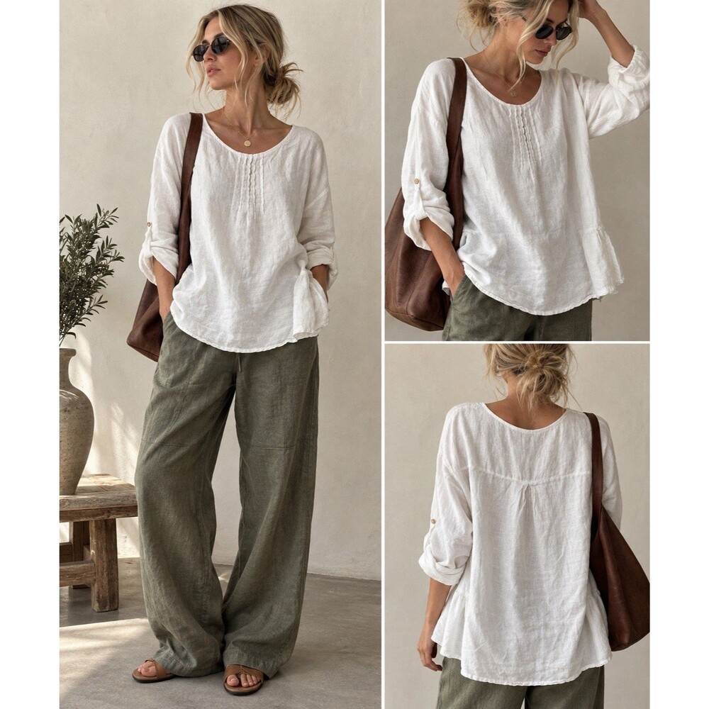 Valentina Naldi Italy White Linen Top L Oversized Tunic Pintuck Lagenlook Boho